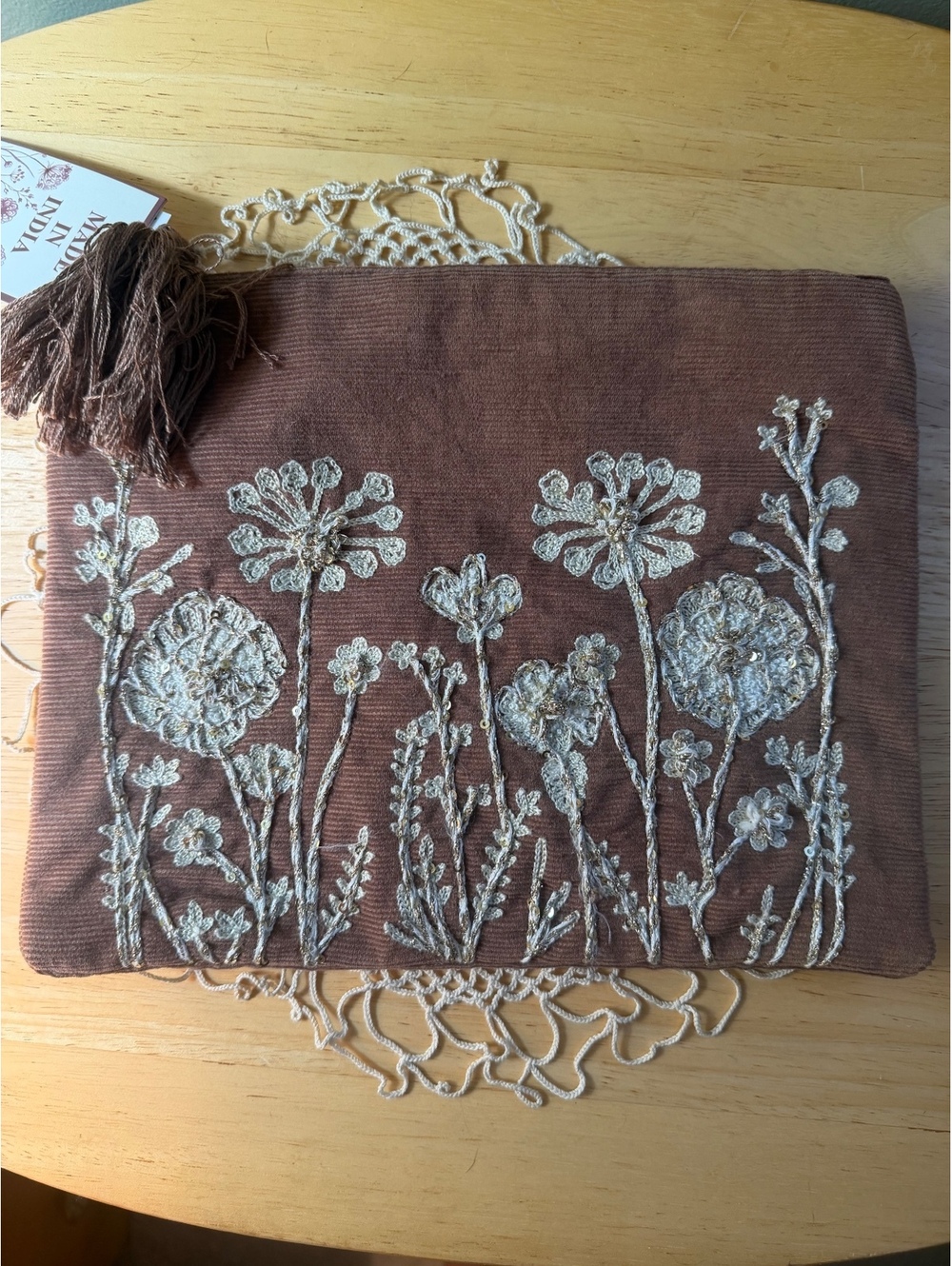 Brown Embroidered Floral Clutch Purse with Tassel